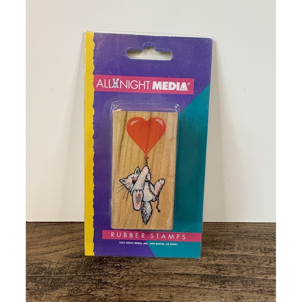 Vintage Cat With Heart Balloon Rubber Stamp All Night Media NEW